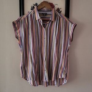 Striped Cap-Sleeve Button-Down Shirt in Multi-Color